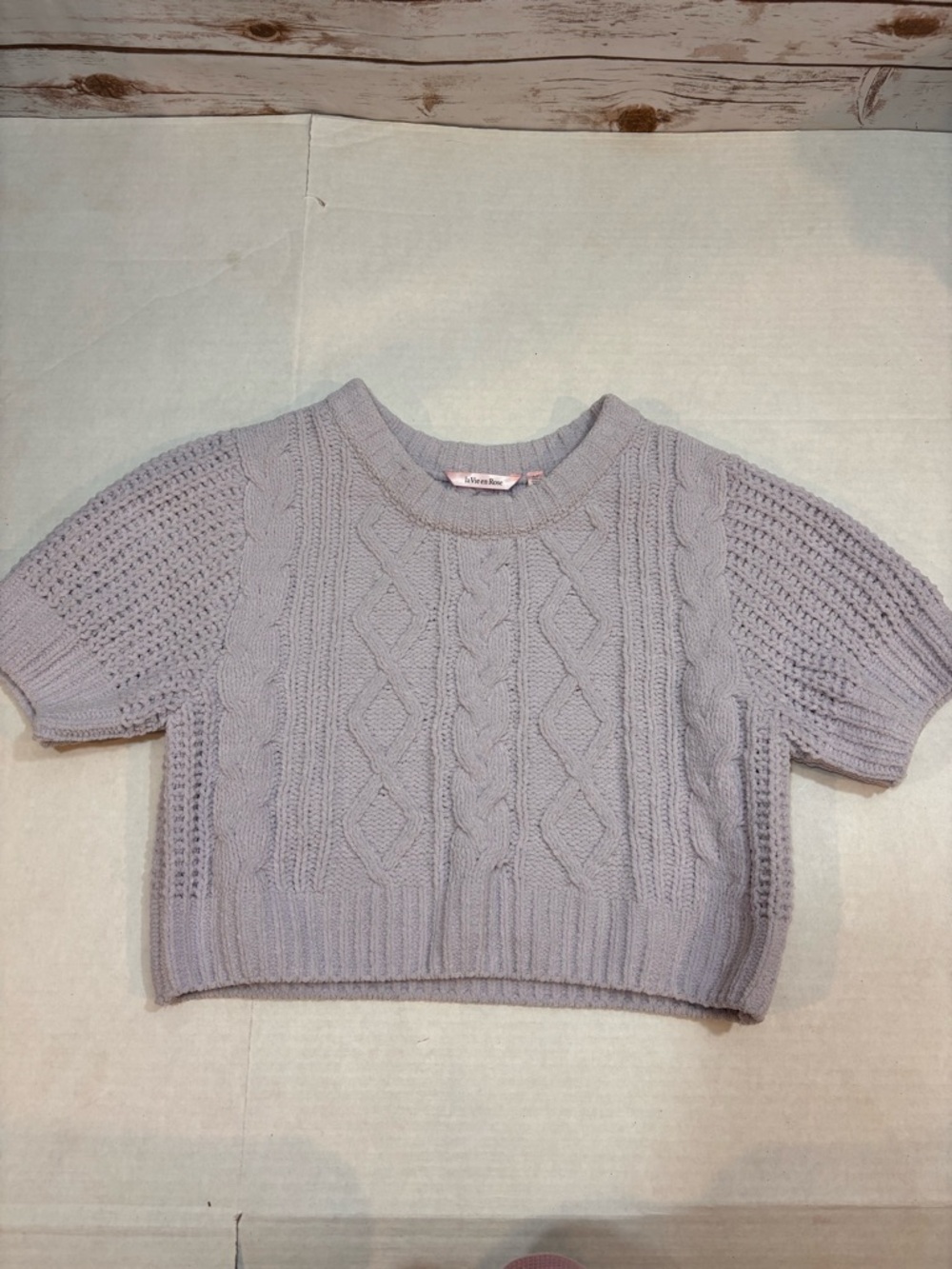 La Vie En Rose Lavender Cable Knit Cropped Short Sleeve Sweater